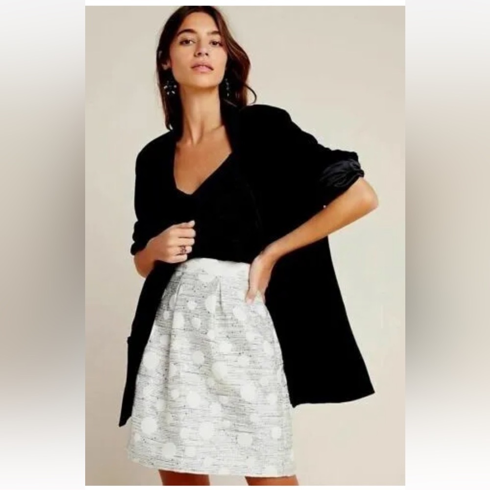 Anthropologie Maeve Dotted Jacquard Skirt Ivory Black Silver Metallic Size 4